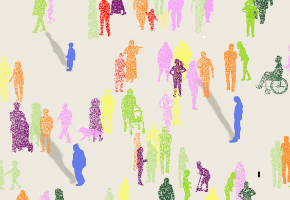 Colorful silhouettes of a dozen people interacting with eachother.
