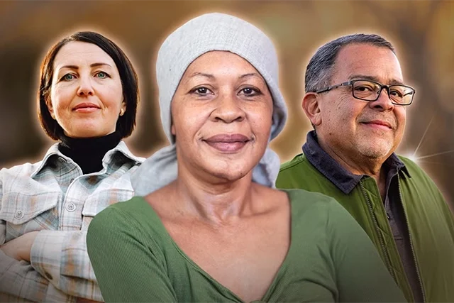 Three cancer patients pose together in a graphic. The woman front and center wears a head scarf, and a man and woman stand behind her.