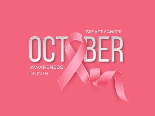 Breast Cancer Awareness Month Background. Realistic Pink Ribbon with 3d Text, Vector Illustration