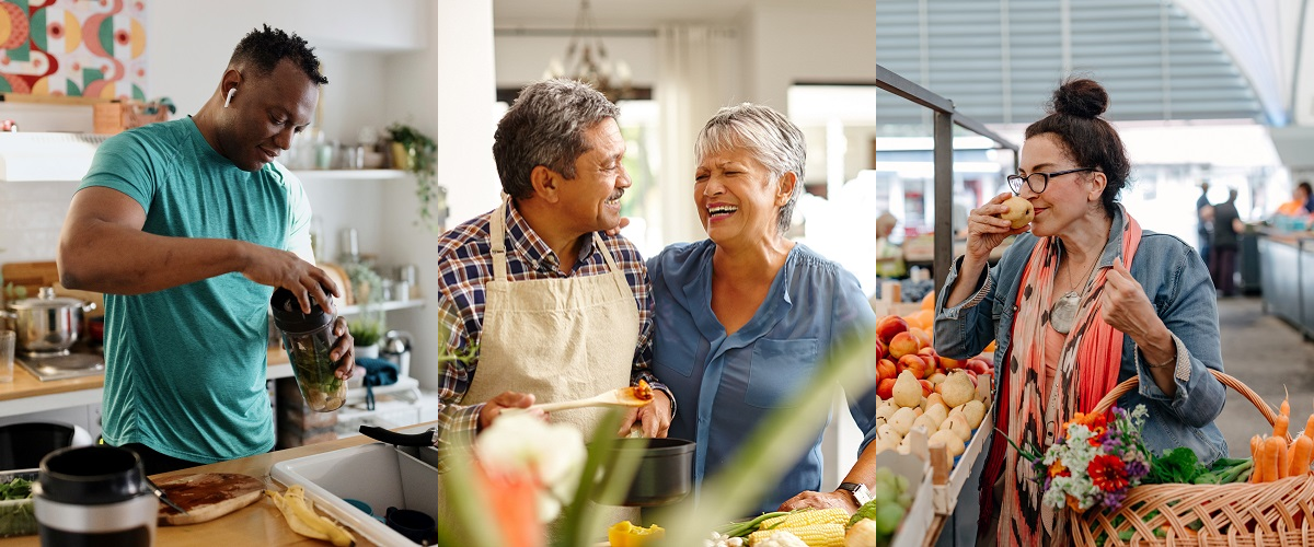 Triptic image of a young man making health shake; a mature couple cooking together; and a woman grocery shopping.