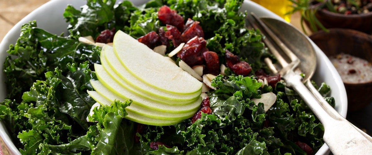 White bowl with kale salad, topped with green apple. Silverware rests on the side of the bowl.