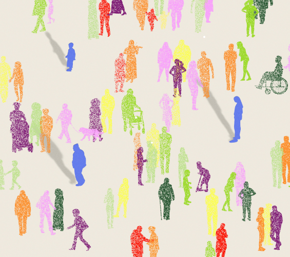 small, indistinct figures of people in various crayon colors