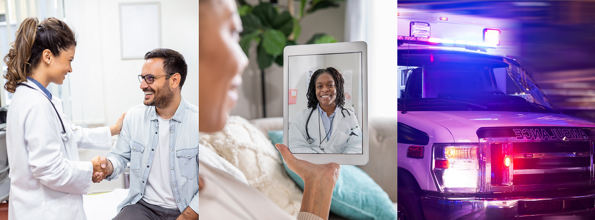 Three images (left to right); patient talking in-person with provider, patient talking with provider virtually, ambulance.